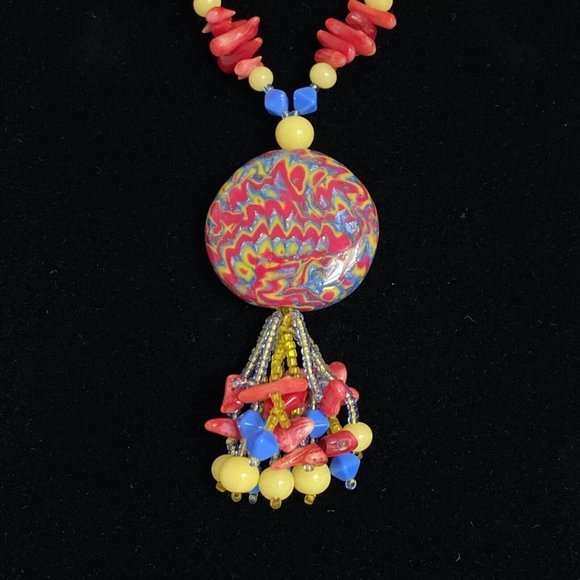 DietzJewels Mokume Gane Polymer Pendant Coral Vintage Glass Necklace Earring Set - Picture 2 of 8